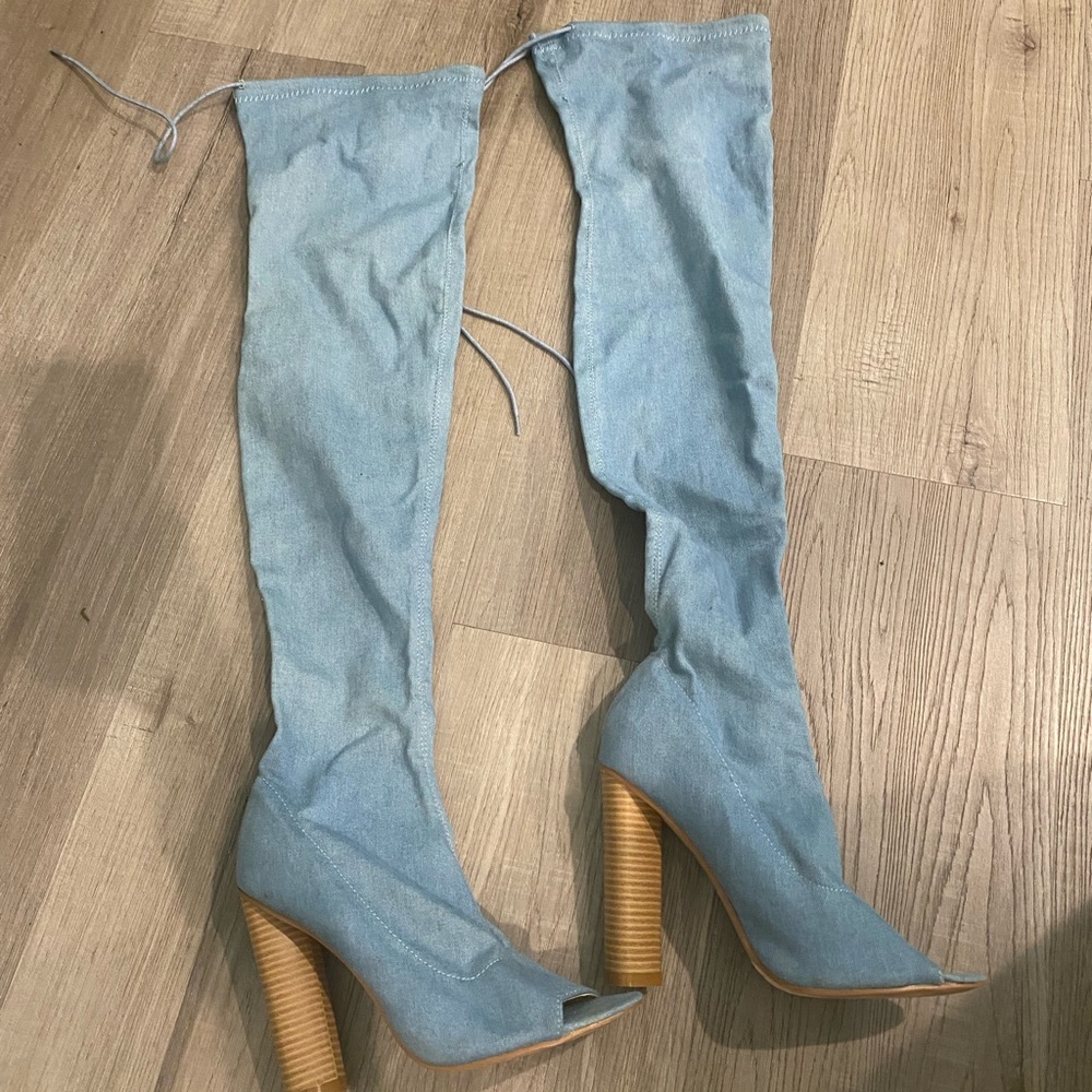 Denim thigh high boots